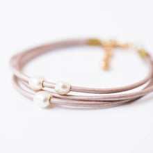 Load image into Gallery viewer, Bronze | Pearl and leather adjustable shimmer bracelet

